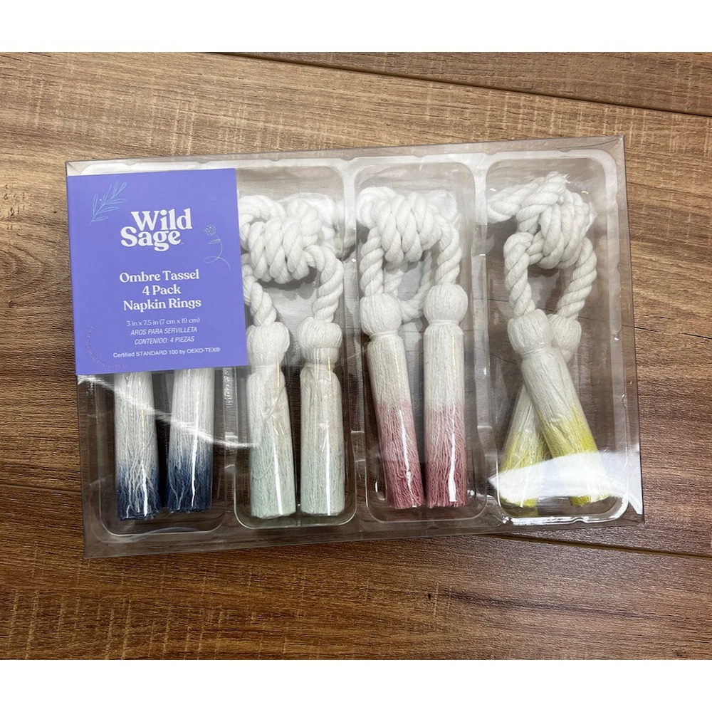 NEW WILD SAGE OMBRE TASSEL 4 PACK NAPKIN‎ RINGS